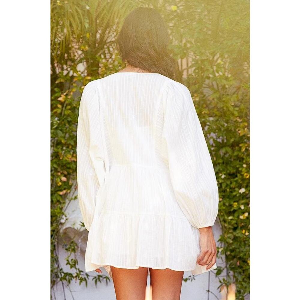 LULUS Women's Coastal Moment White Long Sleeve Tiered Mini Dress - Picture 3 of 13